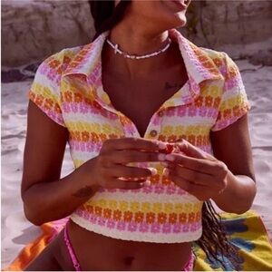 Free People Floral Short‎ Sleeve Babe Town Cropped Polo Top NWT